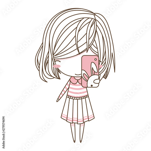 Cute little girl selfie with pink smartphone, isolate with white background. Vector illustration, character design - Vector