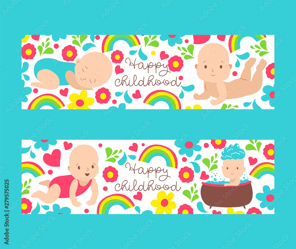 Baby shower for newborn vector illustration. Happy birthday, celebration greeting and invitation card. Baby shower with newborn girl or boy sleeping, taking bath, rainbows and flowers.