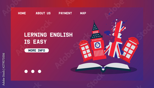 Learning English or travelling to Great Britain vector concept for web. British flag, Big Ben and telephone booth as symbols of England. Travel and learn english language webpage.