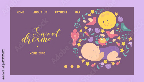 Sleeping baby with small birds, moon and flowers vector illustration. Lettering Sweet dreams. Lovely poster for the babies and infants online shop, printing on kids clothes, dishes.