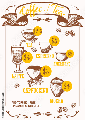Coffee drinks ink pen vector sketches isolated on white background. Espresso,...