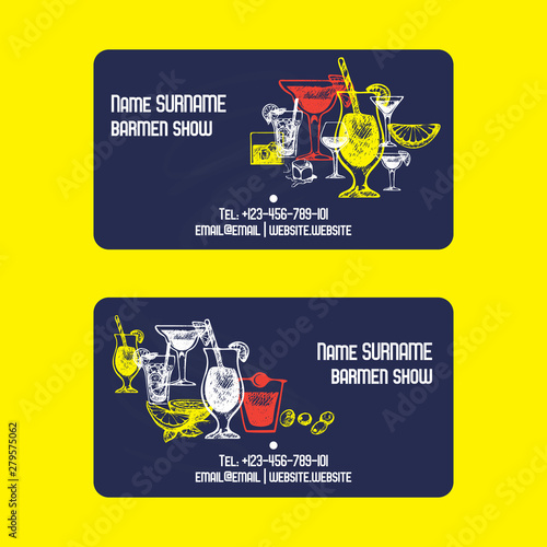 Alcoholic celebration drinks vector business card template. Glass of champagne, sparkling wine. Celebration or banquet alcohol drink sketch hand drawn. Visiting card.