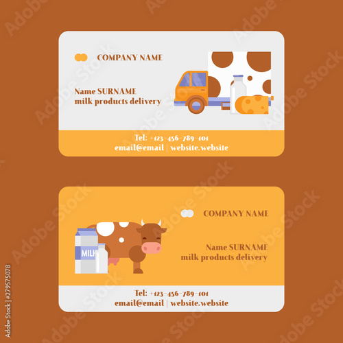 Milk production farmers market and agriculture vector business card. Cartoon farm cow, milky products, milkmans car illustration. Healthy organic farm food.