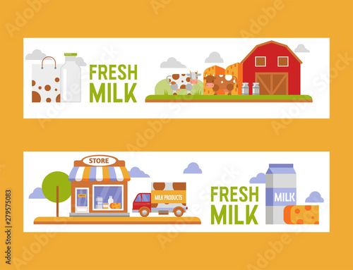 Dairy products, cheese and drinking milk, farm production vector illustration. Dairy products, milk based nutrition, dairy production concept. Cartoon farm, cow, milky store and cheese.
