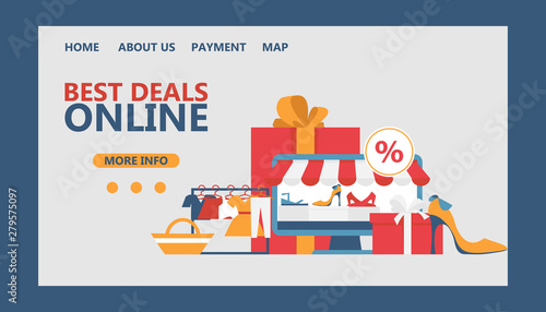 Mobile payment or money transfer vector webillustration. E-commerce market shopping online with sale, gift boxes nd ladies shoes. Template for web landing page, banner, presentation.