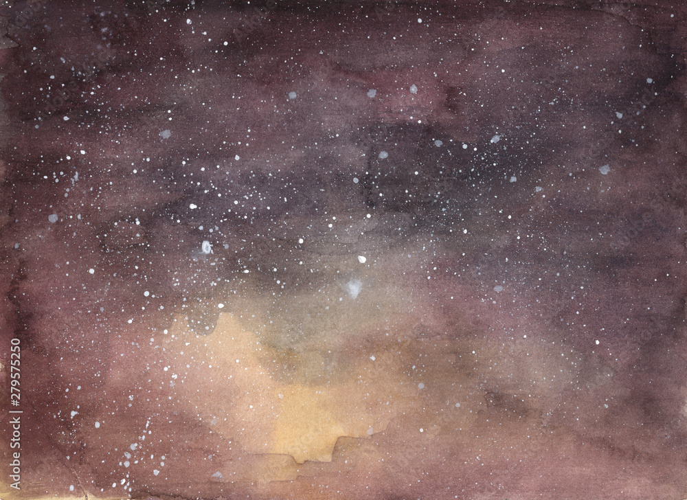  Space, starry sky. Galaxy. Hand-drawn. watercolor. Picture on paper. Dark background