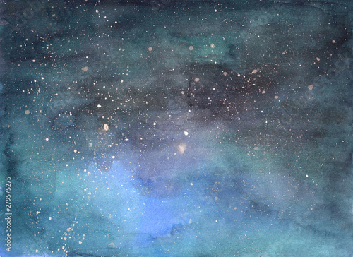  Space, starry sky. Galaxy. Picture on paper. Hand-drawn, blue sky, watercolor background