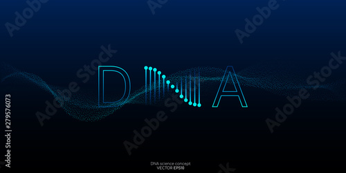 DNA logo or symbol. Abstract dna molecule helix spiral blue green isolated on black background. Vector illustration in concept medical science, genetic biotechnology, chemistry biology, gene.