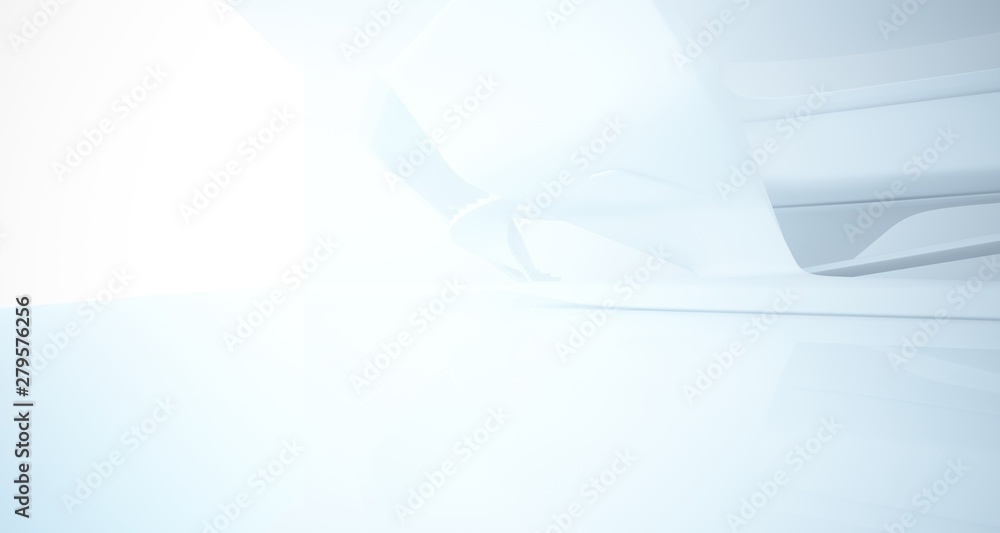 Fototapeta premium Abstract architectural white smooth interior of a minimalist house with large windows.. 3D illustration and rendering.