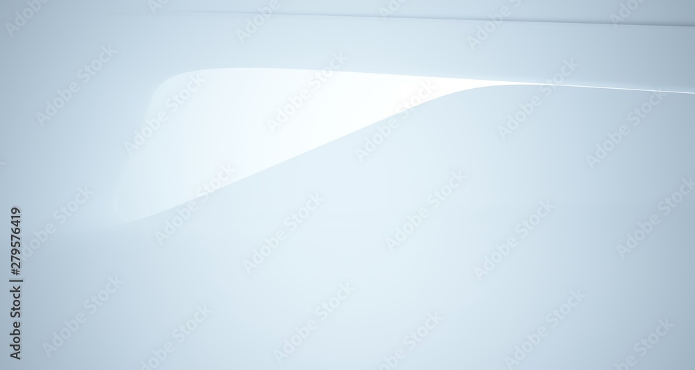 Abstract architectural white smooth interior of a minimalist house with large windows.. 3D illustration and rendering.