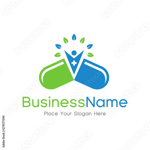 Capsule pharmacy medical logo template vector. Logo with human, nature or leaf with blue and green color. This logo is suitable for health business, doctor, hospital, cross symbol.