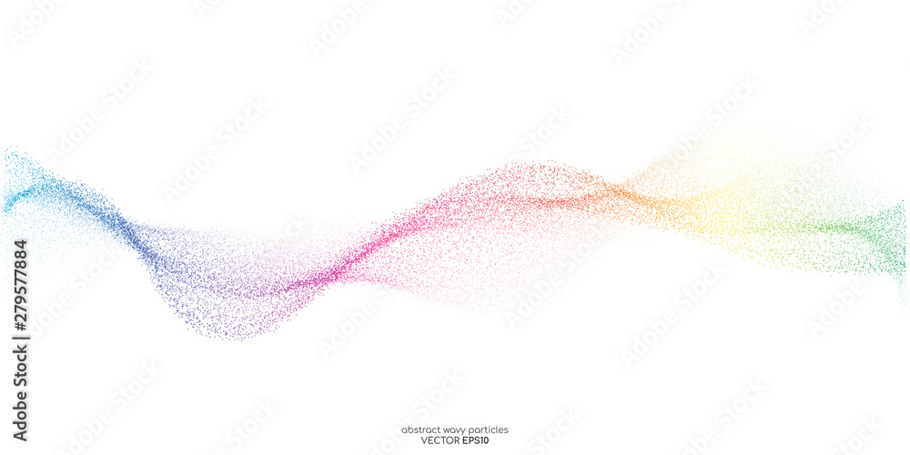 Abstract colorful dots particles flowing wavy isolated on white background. Vector illustration design elements in concept of technology, energy, science, music. - obrazy, fototapety, plakaty 