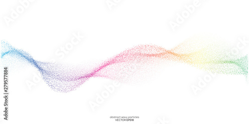 Abstract colorful dots particles flowing wavy isolated on white background. Vector illustration design elements in concept of technology, energy, science, music.