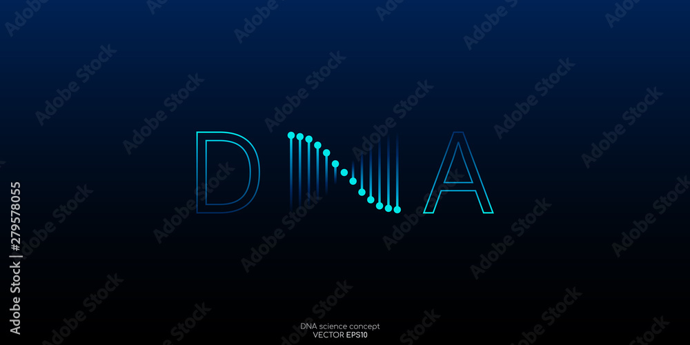 Naklejka premium DNA logo or symbol. Abstract dna molecule helix spiral blue green isolated on black background. Vector illustration in concept medical science, genetic biotechnology, chemistry biology, gene.