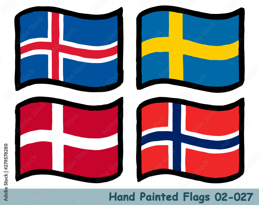 手描きの旗アイコン アイスランドの国旗 スウェーデンの国旗 デンマークの国旗 ノルウェーの国旗 Flag Of The Iceland Sweden Denmark Norway Hand Drawn Isolated Vector Icon Vector De Stock Adobe Stock