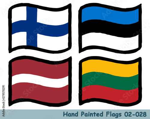 手描きの旗アイコン,フィンランドの国旗,エストニアの国旗,ラトビアの国旗,リトアニアの国旗 Flag of the Finland, Estonia, Latvia, Lithuania, hand drawn isolated vector icon.