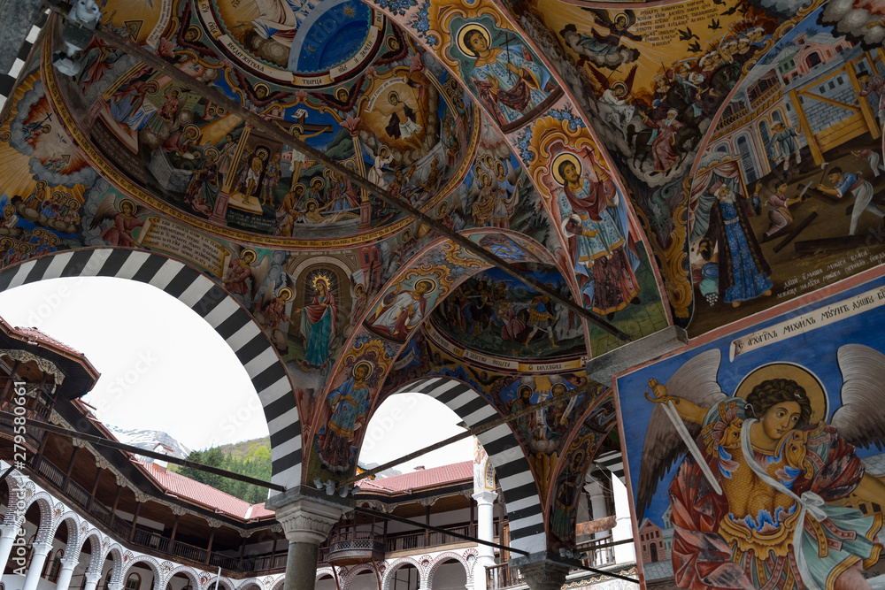Frescos in Rila Monastery, Bulgaria. The Rila Monastery is the largest and most famous Eastern Orthodox monastery in Bulgaria.