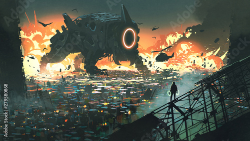 scena sci-fi przedstawiająca maszynę do ataku na miasto, cyfrowy styl sztuki, malowanie ilustracji
