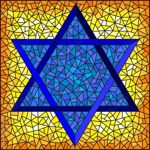 Illustration in stained glass style six-pointed star of David, blue star on a yellow background, square image