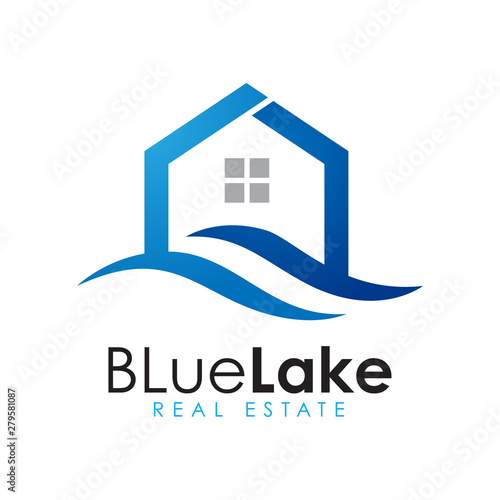 Modern minimalist blue lake house logo design.
