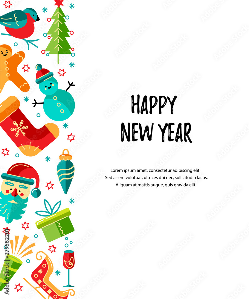 Merry Christmas and Happy New Year card vector illustration. Place for text. Great for New Year party invitation, christmas fair, flyer, banner, poster. Flat and line style design.
