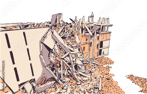 Fényképezés Illustration of collapsed building due to earthquake, natural disaster, explosio