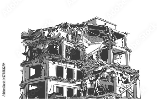 Fototapete Illustration of collapsed building due to earthquake, natural disaster, explosio