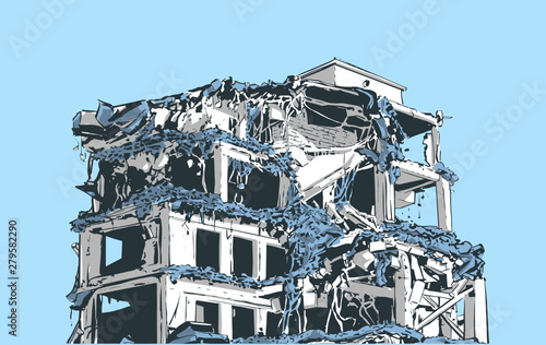 Fototapeta Illustration of collapsed building due to earthquake, natural disaster, explosio