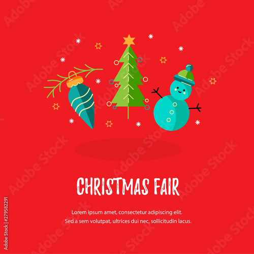 Merry Christmas and Happy New Year card vector illustration. Place for text. Great for New Year party invitation  Christmas Fair  flyer  banner  poster  web. Flat style design.