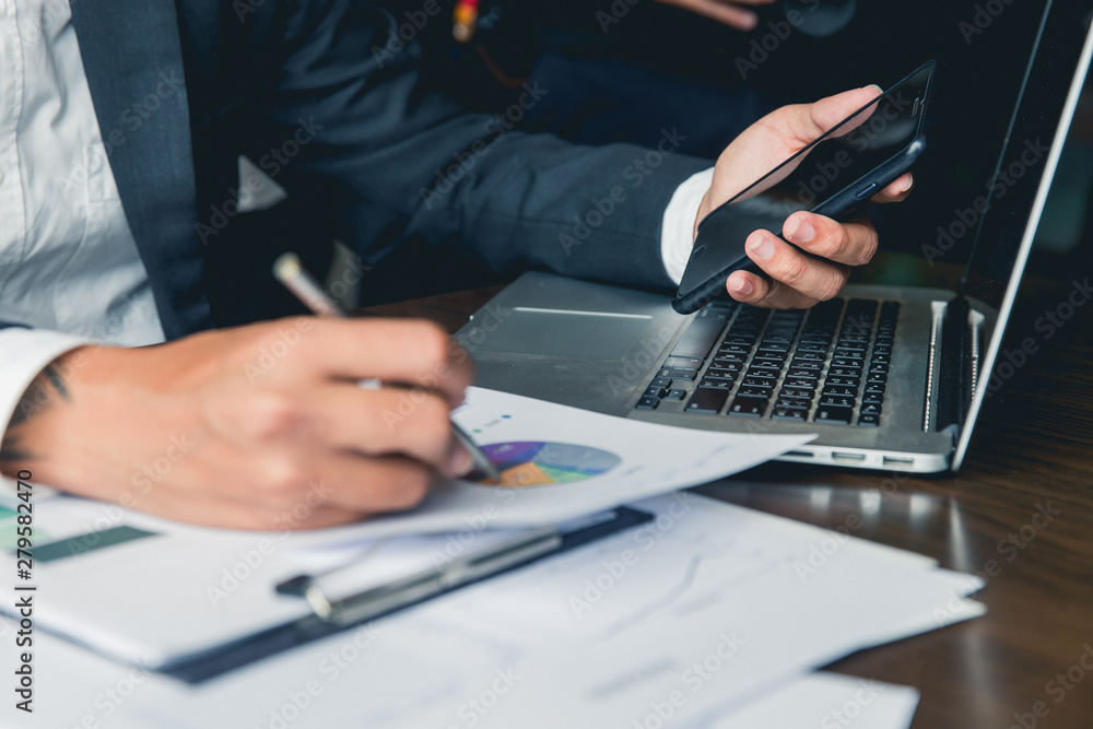 Business process photo. Account manager using mobile phone. Typing contemporary smartphone screen Business process photo. Account manager using mobile phone. Typing contemporary smartphone screen