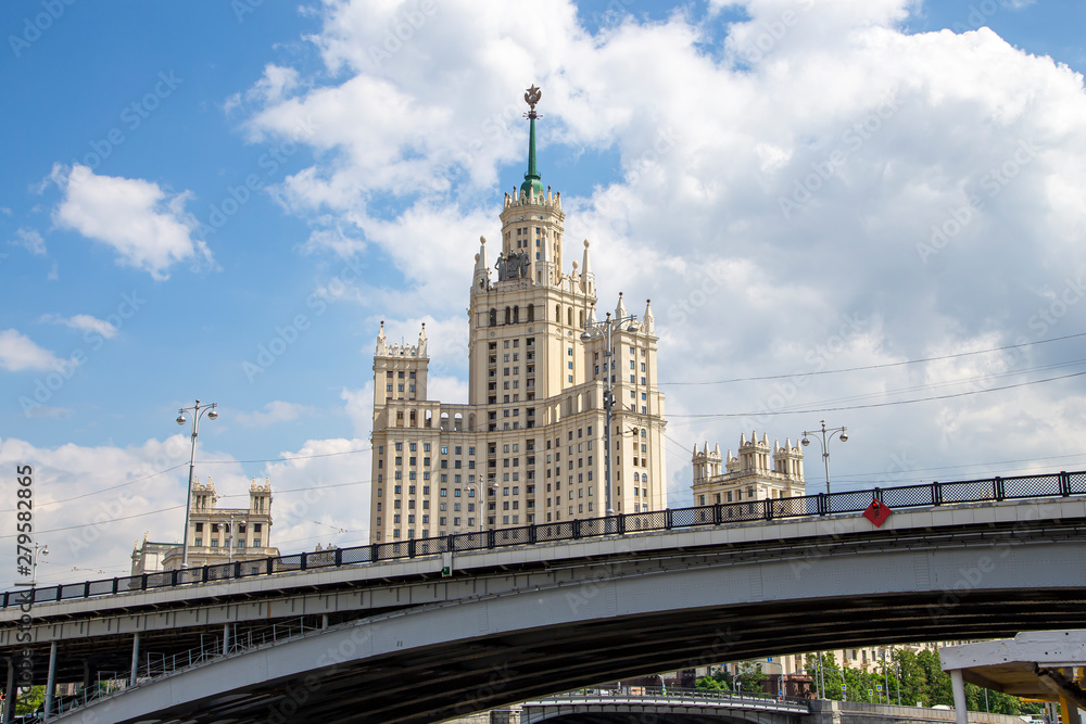 Kotelnicheskaya Embankment Building, Moscow, Russia-- is one of seven stalinist skyscrapers laid down in September, 1947 and completed in 1952. Shooting from a tourist pleasure boat