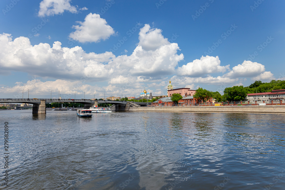 Moskva River and embankments (view from tourist pleasure boat). Moscow, Russia