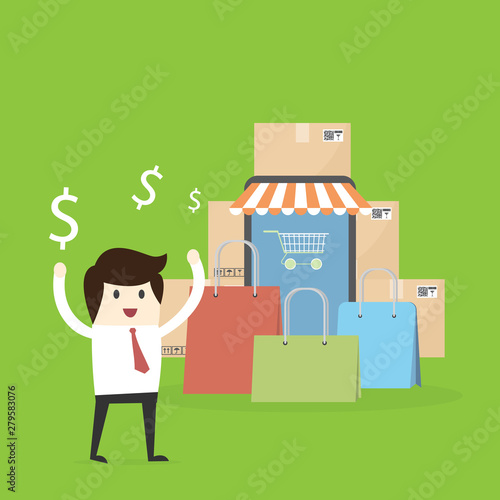 Businessman stand with money icon,Flat design vector illustration concept for online ordering goods, e-commerce, online shopping