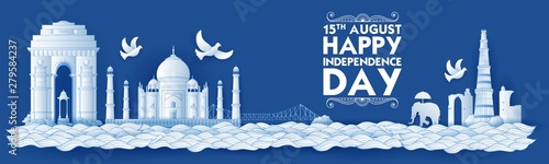illustration of Famous Indian monument and Landmark for Happy Independence Day of India