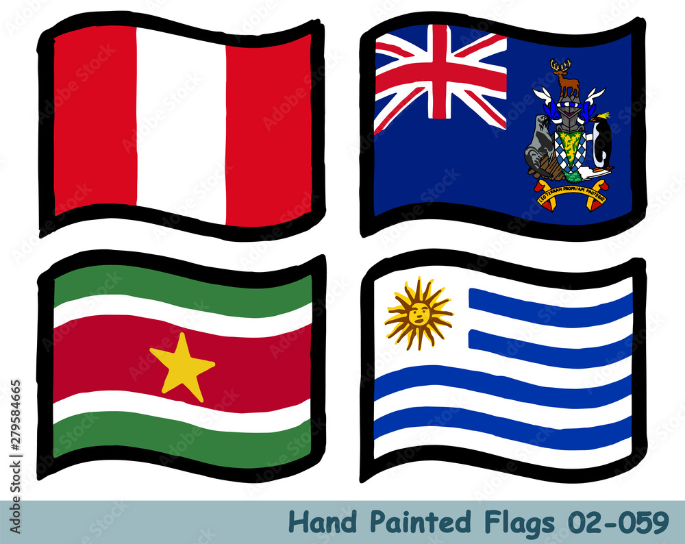 手描きの旗アイコン ペルーの国旗 スリナムの国旗 ウルグアイの国旗 サウスジョージア サウスサンドウィッチ諸島の旗 Flag Of The Peru South Georgia South Sandwich Islands Suriname Uruguay Hand Drawn Isolated Vector Icon Stock ベクター Adobe Stock