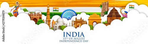 illustration of Famous Indian monument and Landmark for Happy Independence Day of India