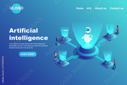 Artificial intelligence landing page concept. Isometric humans teamwork on futuristic laboratory with high technology robot. Business and financial strategy for successfully.