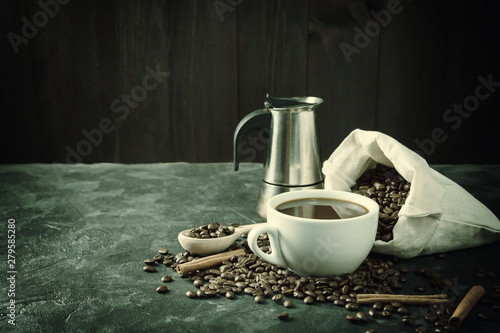 Morning with aromatic black coffee