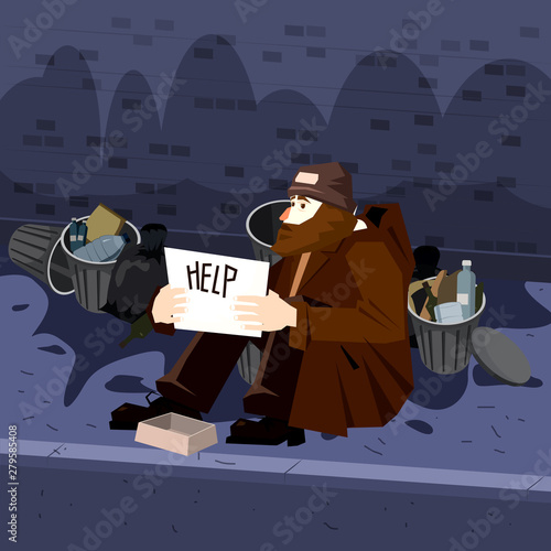 Homeless sad poor person male character beg help money near the garbage containers