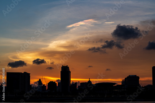 The Central Business District and Marina Bay skyline at dusk in Singapore