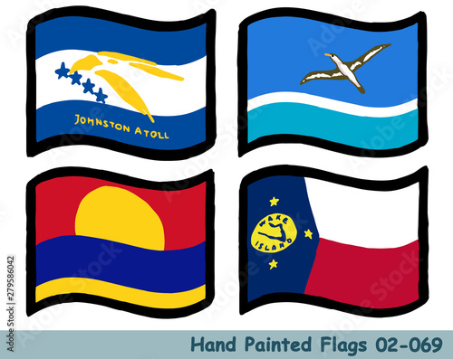 手描きの旗アイコン,ジョンストン島の旗,ミッドウェー島の旗,パルミラ環礁の旗,ウェーク島の旗 Flag of the Johnston Island, Midway Island, Palmyra Atoll, Wake Island, hand drawn isolated vector icon. photo