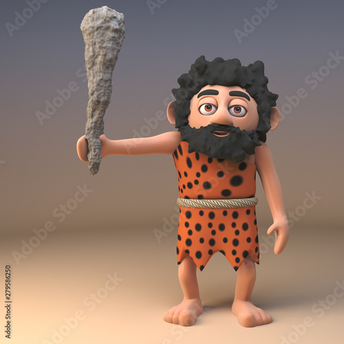 Savage stone age caveman in animal pelt waves his neolithic club in anger, 3d illustration photo