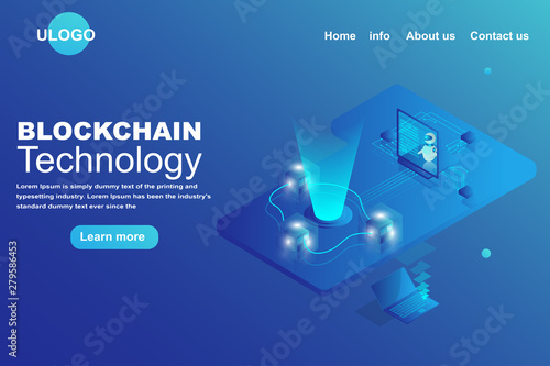 Block chain technology Landing page concept. Isometric 3d of transfer data on block platform . business and financial futuristic background.