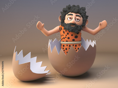 Silly caveman savage character plays around in a empty cracked eggshell, 3d illustration photo