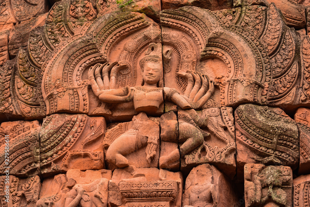Art of pink sandstone carving of ancient Khmer architecture Phanom Rung Stone Castle Buriram Province, Thailand