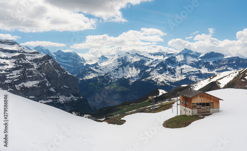 Panoramic Swiss Alps mountain range landscape with wooden cottage in Grindelwald, Switzerland 