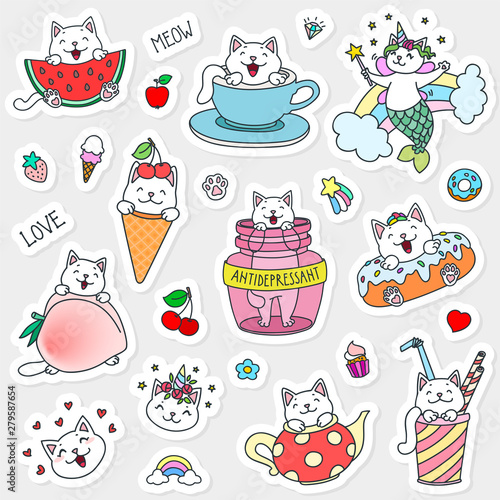 Set of stickers with kawaii cat characters. Hand drawn illustration. Vector 8 EPS.