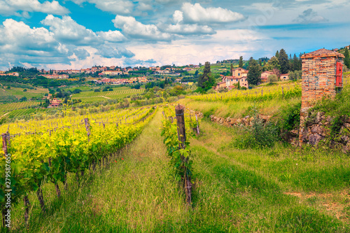 Picturesque cityscape with green vineyard and cloudy sky, Tuscany, Italy