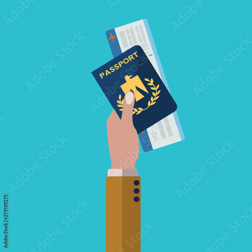 Hand holding passport and plane ticket, ready for travel vector concept