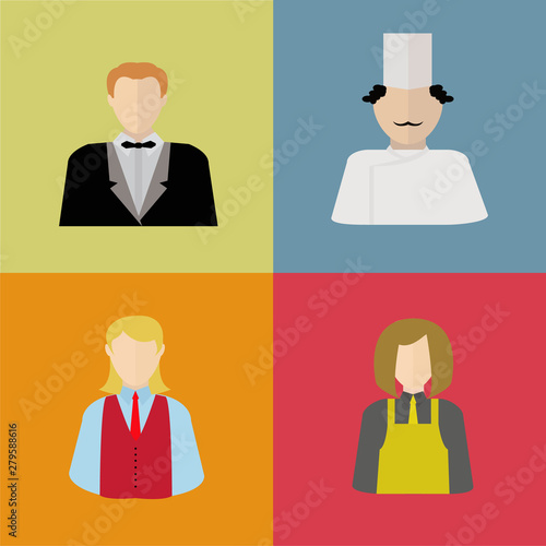 Restaurant staff in uniforms icons waiter, chef, bartender and dishwasher set